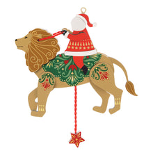 Load image into Gallery viewer, Pull-String Lion With Santa Wood Ornament