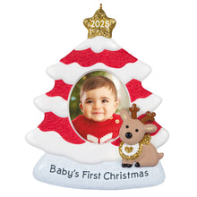 Load image into Gallery viewer, Baby&#39;s First Christmas Red and White Tree 2025 Photo Frame Ornament
