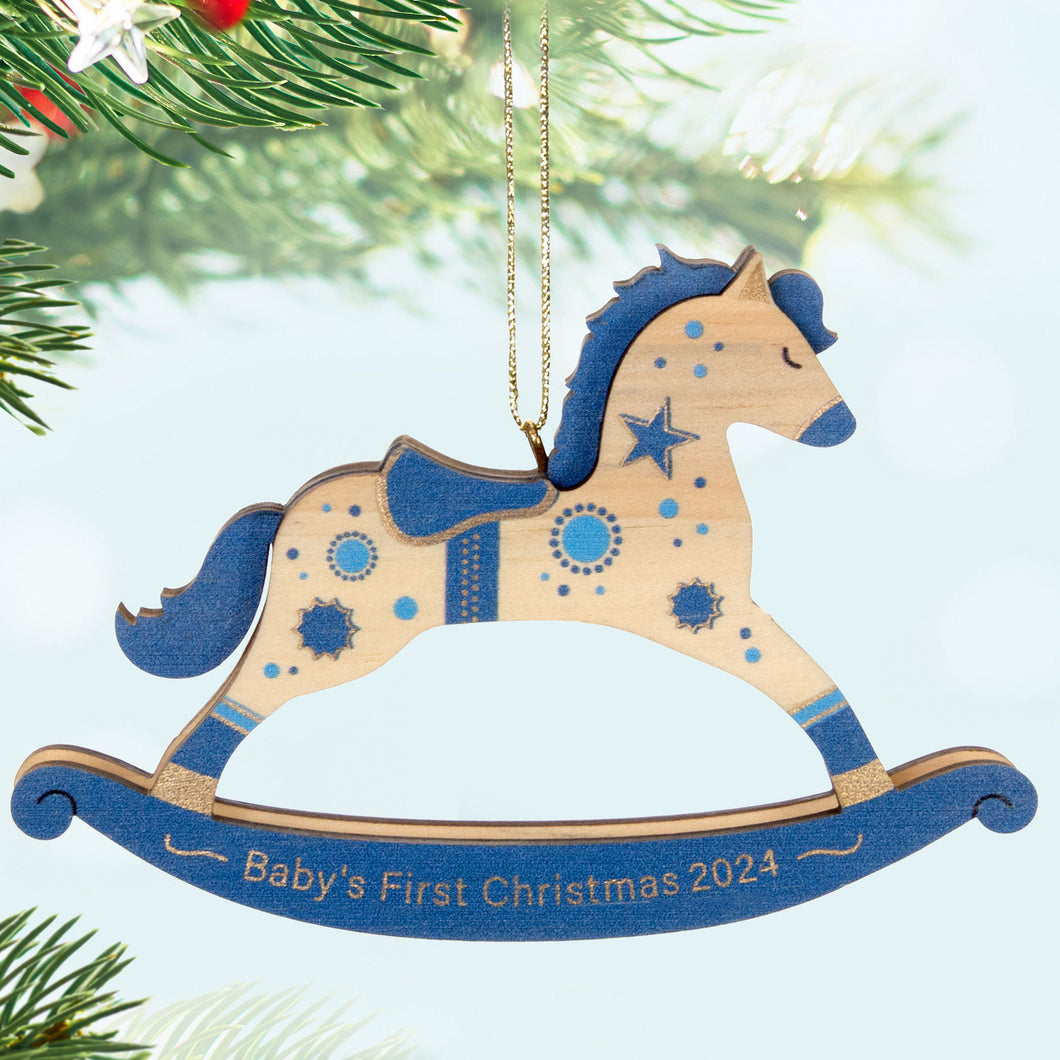Baby Boy's First Christmas Rocking Horse 2024 Wood Ornament