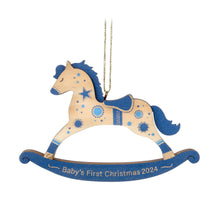 Load image into Gallery viewer, Baby Boy&#39;s First Christmas Rocking Horse 2024 Wood Ornament
