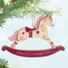 Load image into Gallery viewer, Baby Girl&#39;s First Christmas Rocking Horse 2024 Wood Ornament
