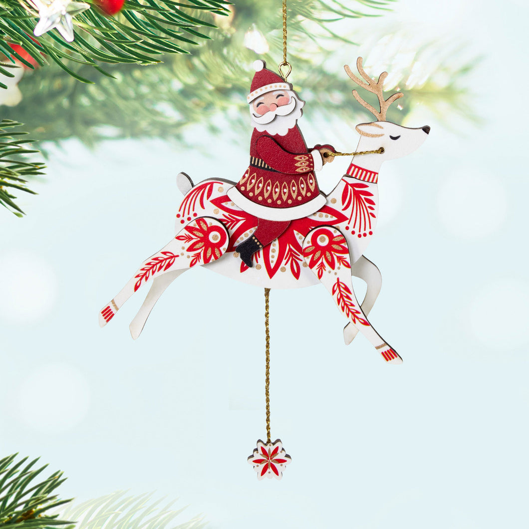 Pull-String Reindeer With Santa Wood Ornament
