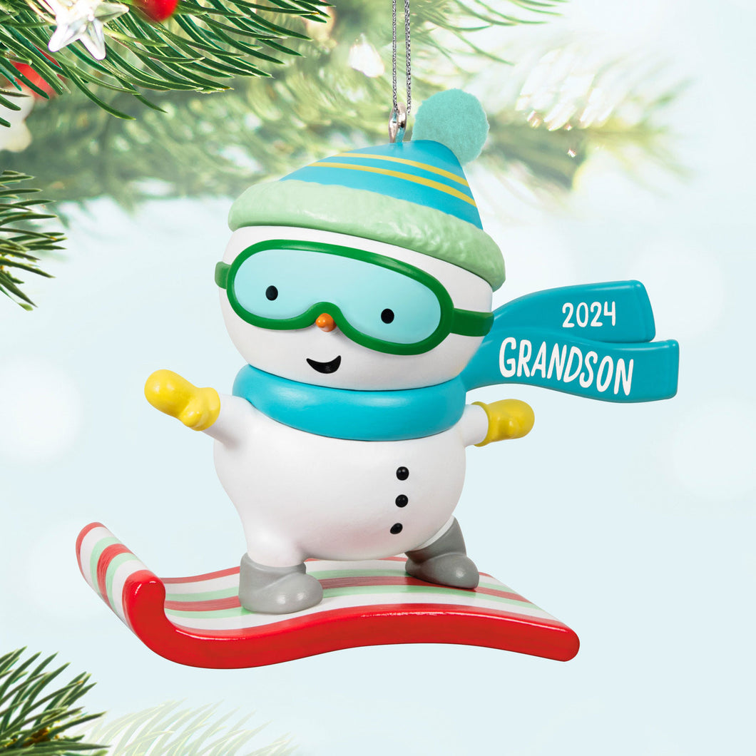 Grandson Snowboarding Snowman 2024 Ornament