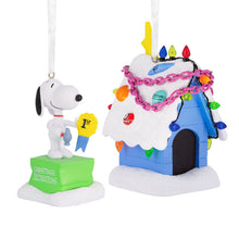 Load image into Gallery viewer, Peanuts® Snoopy and Holiday Doghouse Hallmark Ornaments, Set of 2
