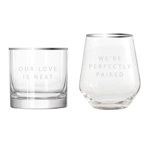 Couple's Lowball and Stemless Wine Glass Set